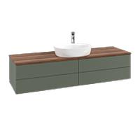 Meuble vasque Villeroy & Boch Antao L25152HL avec éclairage et finition texturée, 160 x 36 x 50 cm, perçage robinetterie, plan vasque couleur noyer chaud, laque mate vert feuille