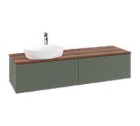 Meuble vasque Villeroy & Boch Antao L37152HL avec éclairage et finition texturée, 160 x 36 x 50 cm, perçage robinetterie, plan vasque couleur noyer chaud, laque mate vert feuille