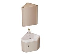 Meuble Vasquue Salle de Bain avec Miroir Lave Main WC avec Meuble Suspendue Angle Lavabo en Céramique et Armoire a Miroir, pour Petit Espace, Terrasse(Beige)