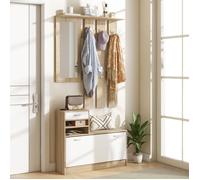 Meuble vestiaire 3 en 1 avec étagère à chaussures et miroir crochets et tiroirs bois 90x10x91 cm blanc et chêne
