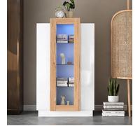 Meuble vitrine 3 portes acrylique LED 120 cm finition soft white et bois naturel structure panneaux de particules 74x40x120 cm
