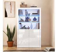 Meuble vitrine haut avec LED 100x35x170 cm blanc laqué brillant MDF et verre trempé style moderne
