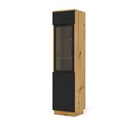 Meuble Vitrine Salon Salle à Manger, Placard de Rangement Moderne Suspendu ou sur Pied, 2 armoires 3 étagères, pour Bureau, Chêne Artisan et Noir Mat Aura 37x33x150 cm