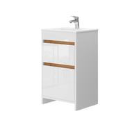Meubles bain Detmold, 2 pièces, avec lavabo et 2 tiroirs, Blanc Haute brillance/Chêne de force doré, Vicco 43365