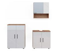 Meubles bain Irma, 3 pièces, avec armoire basse 60 cm, Blanc Haute brillance/Chêne de force doré, Vicco 40535