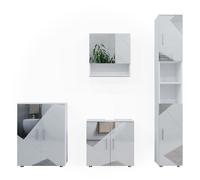 Vicco Meubles Bain Irma, Blanc Brillant avec Inserts, 4 pièces, avec Armoire Haute et Commode