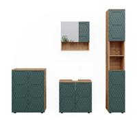 Meubles bain Irma, 4 pièces, avec armoire haute et commode, Vert/Chêne de force doré, Vicco