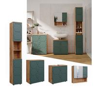 Meubles bain Irma, 4 pièces, avec armoire haute et commode, Vert/Chêne de force doré, Vicco 47190