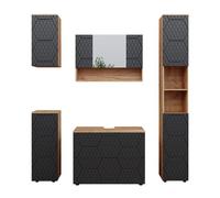 Meubles bain Irma, 5 pièces, Anthracite avec structure en nid d'abeille, Chêne de force doré, Vicco