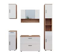 Ensemble de meubles de salle de bain Irma, 5 pièces, Blanc brillant/Chêne doré, Chêne de force doré, Vicco