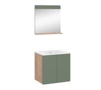 Vicco Meubles Bain Izan, Chêne doré/Vert 60 cm | 3 pièces · Meuble sous-vasque · Miroir · Lavabo