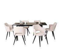MEUBLES COSY Ensemble table à manger extensible noire et 6 fauteuils en tissu beige de style scandinave