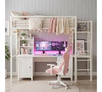 Meubles Cosy Lit Mezzanine 2 Places 140x190cm avec Bureau, Blanc | Cadre de Lit Double, avec Échelle et Barrière de Sécurité, en Verre et métal, pour Adulte Enfant, Chambre Studio