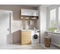 Meubles de buanderie pour machine à laver avec plan de travail - L122 cm - Blanc et naturel clair - NATAJI
