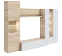 Meubles de Salle à Manger avec LEDs, Meubles de Salle de séjour, Modèle Essential, Finis en White Gloss et Canadian Oak, Mesures : 260 cm (L) x 185 cm (H) x 42 cm (P)