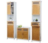 Meubles De Salle De Bain Hwc-A85, 2x Armoire Haute, Meuble Sous Évier, Bambou, Blanc Multicolore