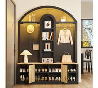 Meubles d'entrée avec 2 Portes 3 Niches étagères ouvertes crochets et LED USB - YEAVIO - MDF noir entrée 150×40×195 cm