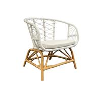 Meubletmoi Fauteuil Arrondi/Chaise Relax enveloppante en rotin tressé Bicolore Blanc et Couleur Naturelle avec Coussin - Style Artisanal bohème décontracté - Viola