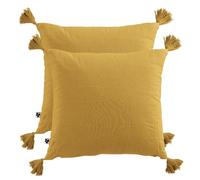 Meubletmoi Lot de 2 Coussins Carrés 40 x 40 cm en Double Gaze de Coton Jaune Déhoussable avec 4 Pompons - Pepa