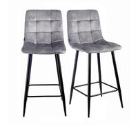 Meubletmoi Lot de 2 tabourets de Bar capitonnés en Velours Gris Clair avec piètement et Repose-Pieds en métal Noir - élégance contemporaine - NAMI 2