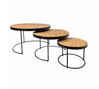 Meubletmoi Set de 3 Tables Basses Rondes gigognes D. 75 cm avec Plateaux en Bois de Teck Massif Motifs Chevrons et Structures métal Noir Fin - Ambiance Industrielle Moderne - Carter