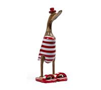 Meubletmoi Statuette décorative H. 40 cm Canard Maillot Rouge et Blanc rayé en Bois de Teck - Fabrication Artisanale - DAFLY
