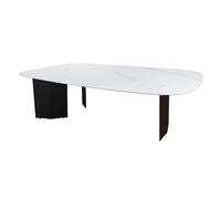 Meubletmoi Table Basse rectangulaire L. 150 cm Bords arrondis en céramique Blanc Effet marbre avec piètement métal Noir - Ambiance Moderne et élégante - Opaline