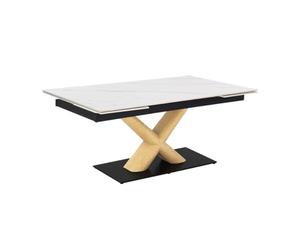 Meubletmoi Table de Repas Extensible 180 à 260 cm en céramique Blanc marbré Mat et Pied Central en X plaqué en Bois de chêne Clair avec Socle - Nevada 13