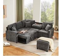MEUBLIV Canapé 4 places, canapé d'angle convertible avec pouf, table dissimulée et lampe de lecture, 205x205x85 cm, chenille, gris