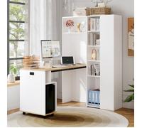 MEUBLIV Secrétaire pliant 2-en-1 avec bibliothèque, prise EU et ports USB, MDF blanc et décor bois clair