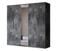 Meublorama Armoire Bombay - 5 Portes 2 Tiroirs - Effet Ardoise - Avec Miroir et Éclairage LED Intégré