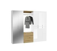 Meublorama Armoire de Rangement 10 Portes, 4 miroirs, 2 tiroirs et Une penderie - Blanc et chêne - BODITE