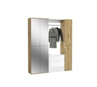 Meublorama Armoire de Rangement 6 Portes, 4 miroirs, 2 tiroirs et Une penderie - Blanc et chêne - BODITE