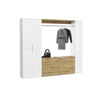 Meublorama Armoire de Rangement 6 Portes, 4 tiroirs et 1 penderie - Blanc et chêne - BODITE