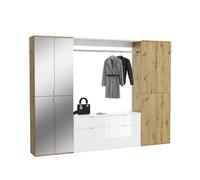 Meublorama Armoire de Rangement 8 Portes, 4 miroirs, 4 tiroirs et Une penderie - Blanc et chêne - BODITE