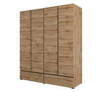 Meublorama Armoire Havana 180 cm - Chêne et Noir - 4 Portes et 2 Tiroirs - Élégance Naturelle et Grande Capacité
