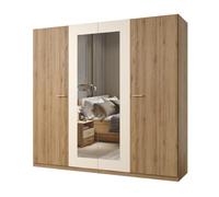 Meublorama Armoire Vertigo - 4 Portes avec Miroir - 228x215 cm - Chêne Sauvage et Beige Sable