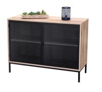 Buffet 2 Portes avec Grillage en métal Noir - Coloris chêne Clair, Dimensions 100x40xH75 cm - Collection METALIX