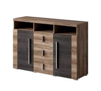 Meublorama Buffet BRAZZA 2 Portes 3 tiroirs - Coloris Noyer Satin - Niches Ouvertes - 132 cm