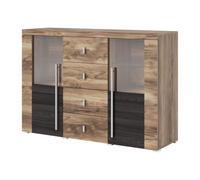 Meublorama Buffet BRAZZA 2 Portes 4 tiroirs - Finition Noyer Satin - Niches Ouvertes et vitrées - 132 cm