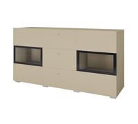 Meublorama Buffet Ramos 130 cm - Beige Clair - 2 Portes vitrées et 3 tiroirs - sans LED