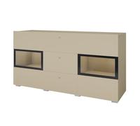 Meublorama Buffet Ramos 130 cm - Beige Clair - LED Multicolore intégrée - 2 Portes vitrées et 3 tiroirs