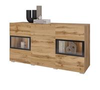 Meublorama Buffet Ramos 130 cm - Chêne doré et Noir - 2 Portes vitrées et 3 tiroirs - sans LED