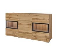 Meublorama Buffet Ramos 130 cm - Chêne doré et Noir - LED Multicolore intégrée - 2 Portes vitrées et 3 tiroirs