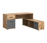 Meublorama Bureau d'angle avec 2 tiroirs, 1 Placard et 2 niches - Gris Anthracite et chêne Clair - Selma
