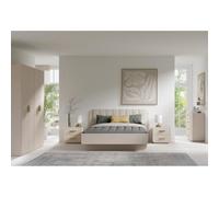 Meublorama Chambre complète Amalie Beige - Lit Coffre 160x200 cm, Armoire, Commode, 2 chevets et étagères