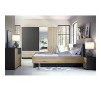 Meublorama Chambre complète Melody - Lit Coffre 180x200 + Armoire + Commode + chevets - Noir Graphite et chêne Clair - Matelas Non Inclus
