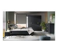 Meublorama Chambre complète Mondo - Noir structuré et doré - Lit Coffre 160x200 avec sommier + Armoire + Commode + 2 chevets