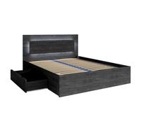 Meublorama Ensemble lit VELTIS 180x200 cm avec sommier Inclus - Tête de lit LED - Frêne Noir - Matelas Non Inclus