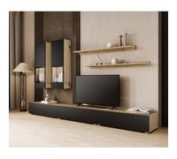 Meublorama Ensemble Meubles de Salon Ramos - Chêne et Noir Super Mat - LED Multicolores intégrées